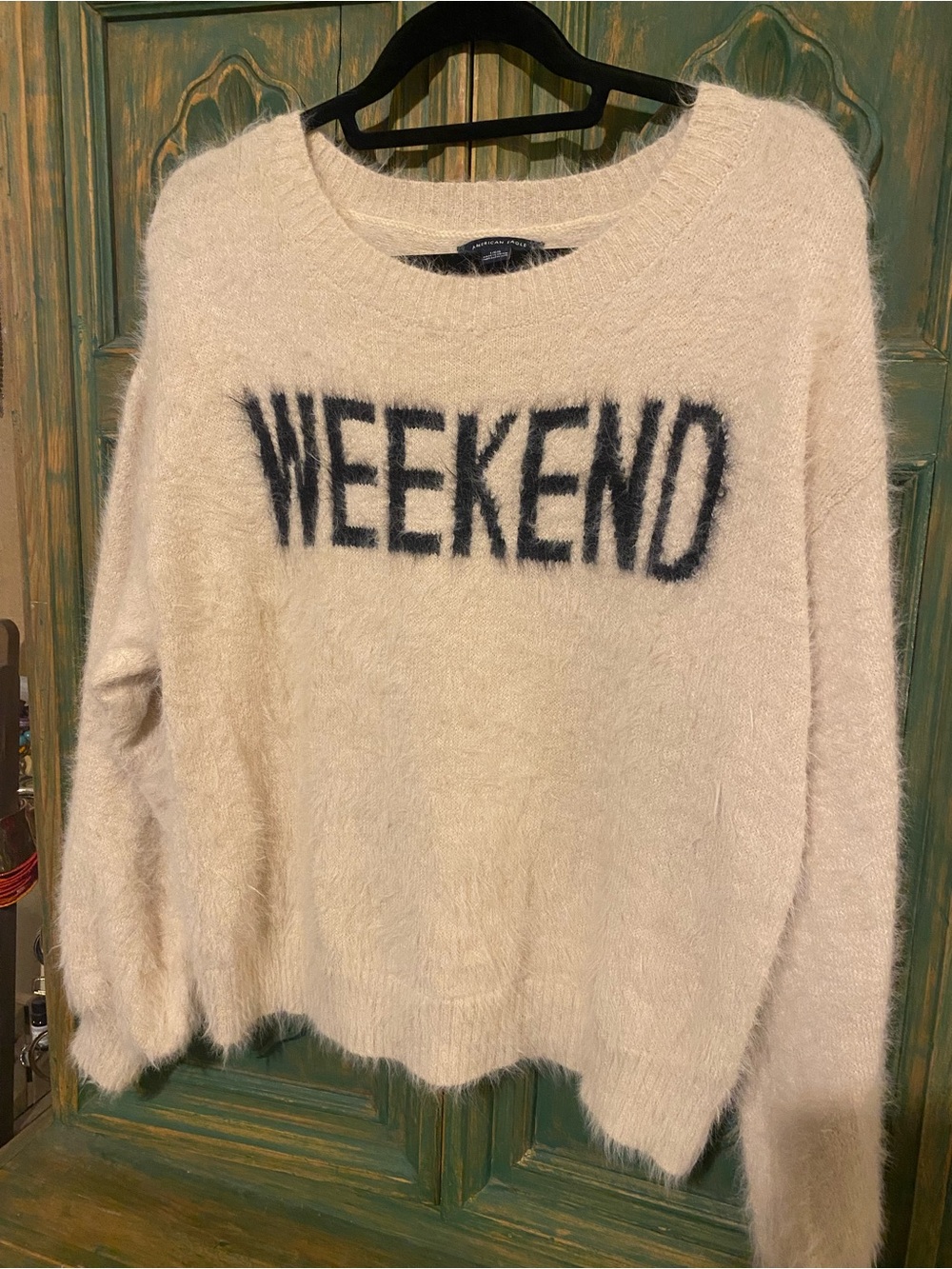 American Eagle Outfitters Cream Fuzzy "WEEKEND" Crew Sweater